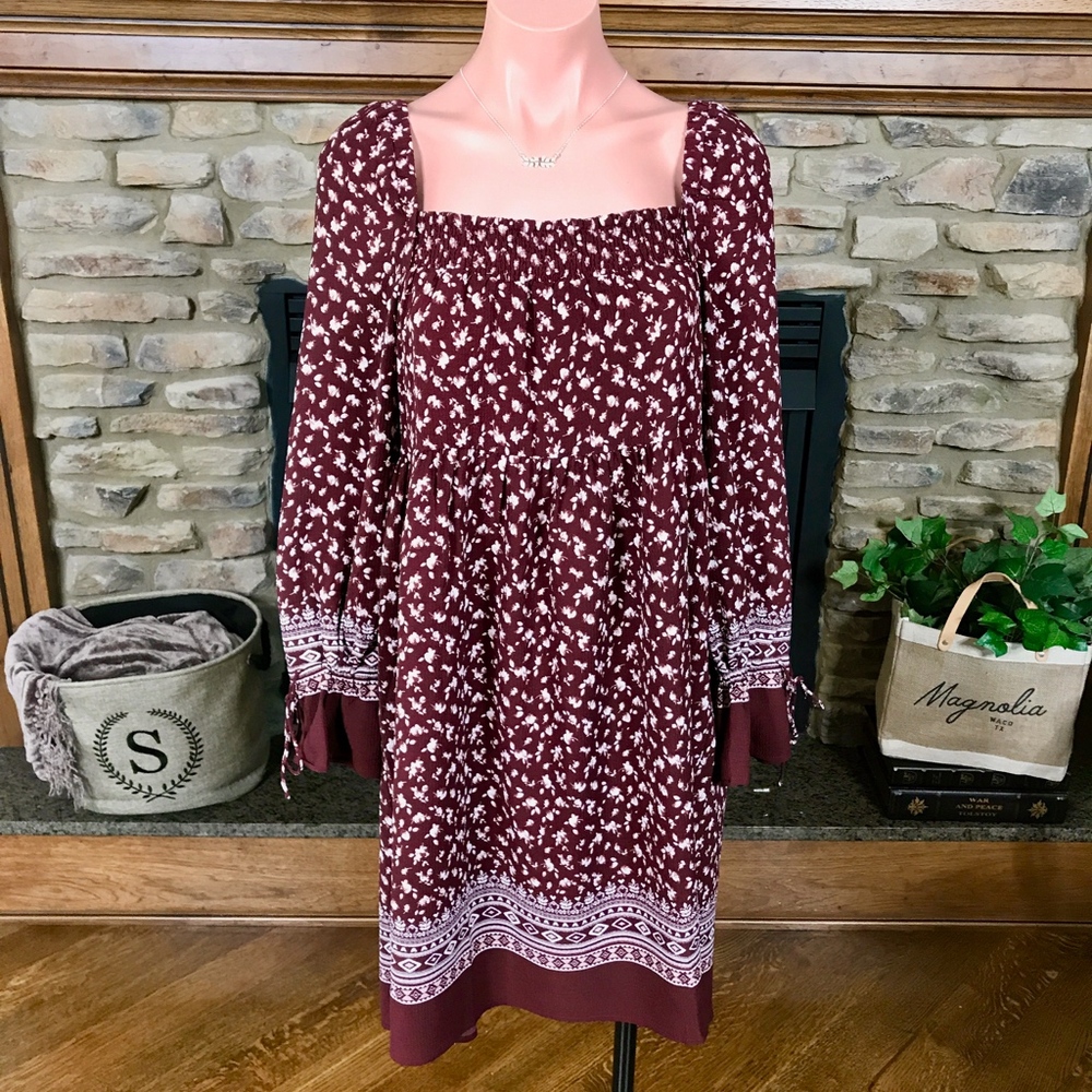 Burgundy Floral Smocked Peasant Dress